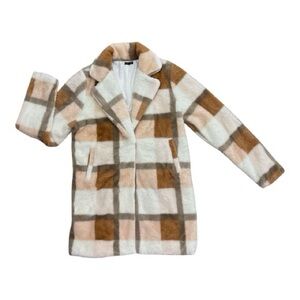 Elegant Faux Fur Neutral tone Checker Pattern Coat by ANGEL CULT small